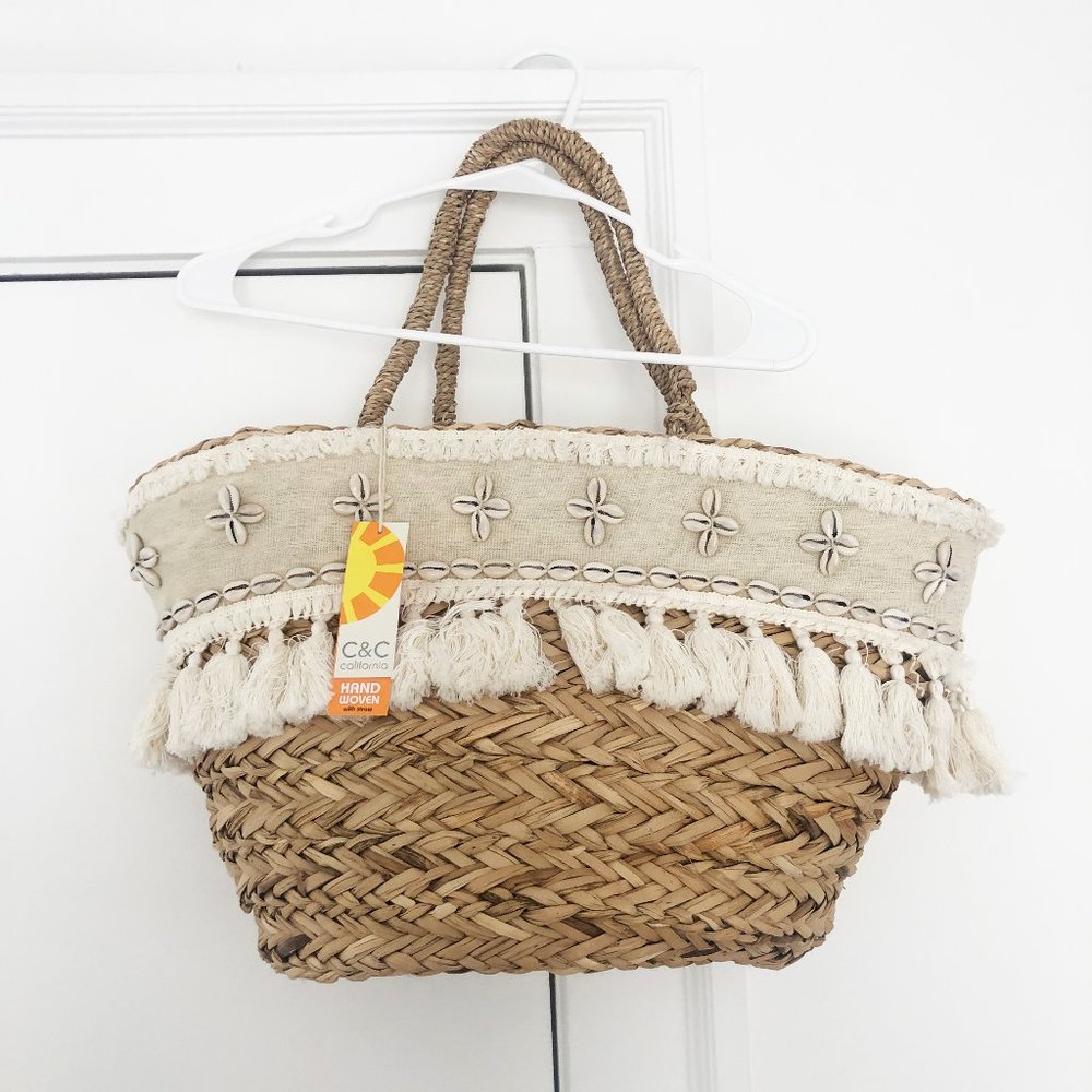 C&C California Woven Seashell Tote Bag NWT